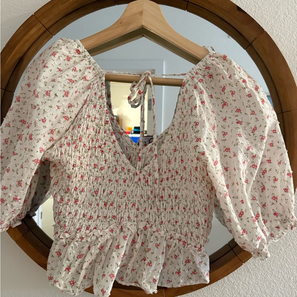Lulu's White and Red Floral Smocked Blouse - Picture 5 of 5